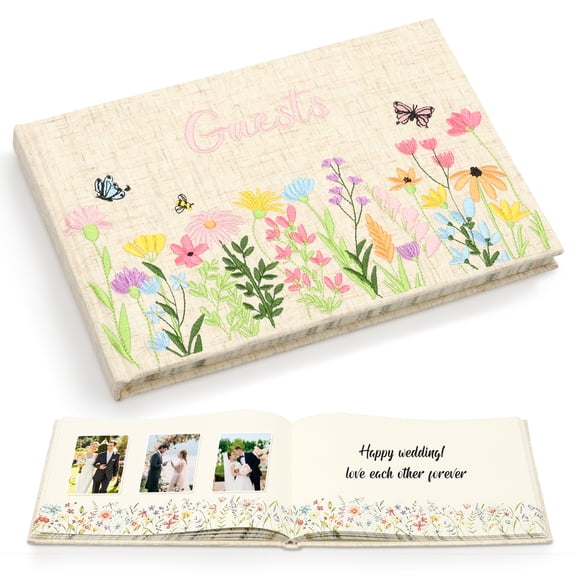Wedding Guest Book,Wildflowers Embroidered Fabric Photo Album, Hard Cover Guest Book Wedding Reception for Baby Shower, Party, Bridal Shower(Colorful,8.3 * 6 Inch)