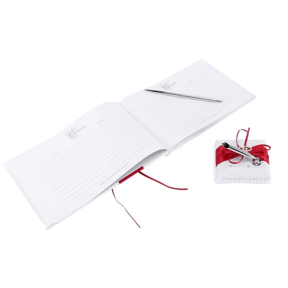 Wedding Guest Book With Pen Holder Sets Satin Bows Signature Book With Diamonds Love Shape For Decorations-Red+White