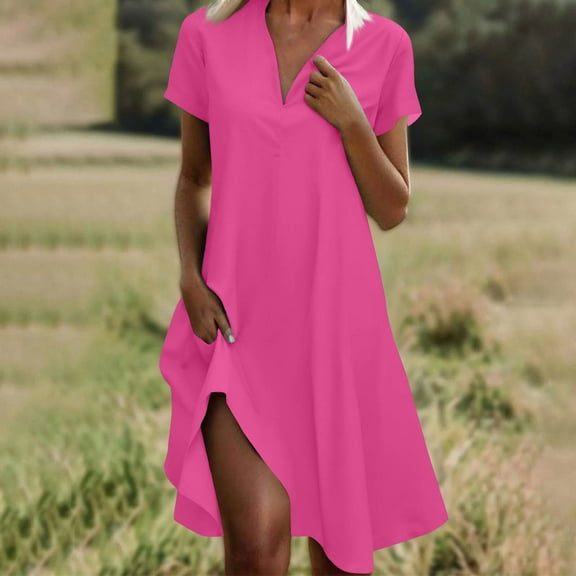 Wedding Guest Dress Plus Size, Fashion Women Solid Color V-neck Short Sleeve Loose And Comfortable Dress(Pink,L)