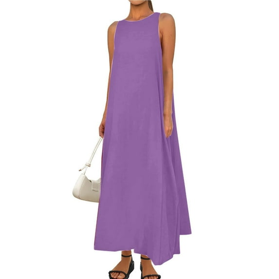 Wedding Guest Dress Plus Size, Fashion Women's Summer Casual Round Neck Sleeveless Solid Beach Sundresses Boho Dress Dresses(Purple,L)