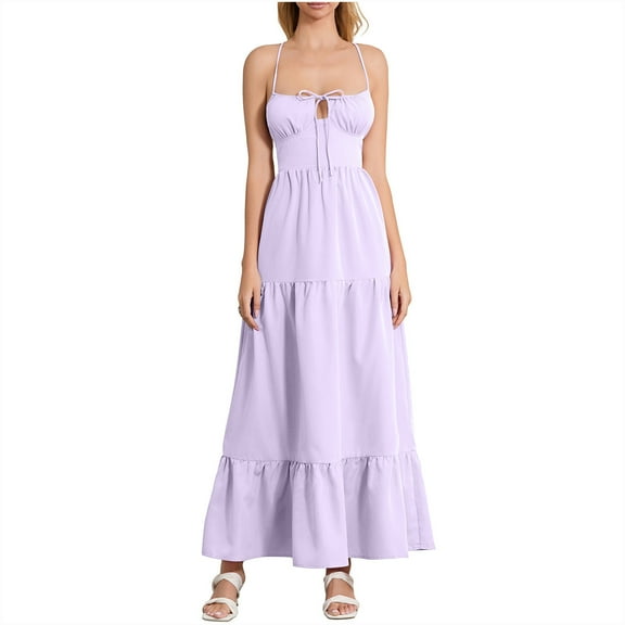 Wedding Guest Dress Plus Size, Women Strapping Waist Cinching Suspender Backless Aline Vacation Dress For Women Clothing(Purple,M)