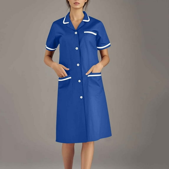 Wedding Guest Dress Plus Size, Women's Solid Color With Pockets Button Splicing Lapel Caregiver Dress Nurse Dress Work Midi Dress(Blue,L)