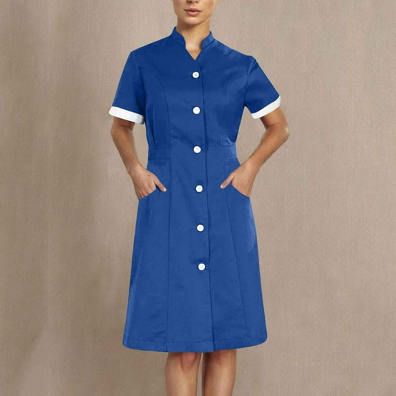 Wedding Guest Dress Plus Size, Women's Solid Color With Pockets Button Splicing Stand-up Collar Caregiver Dress Nurse Dress Work Midi Dress(Blue,M)