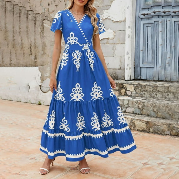 Wedding Guest Dress Plus Size, Women's Summer Print Pocket Short Sleeved Dress With Flowing Beach Dress(Blue,L)