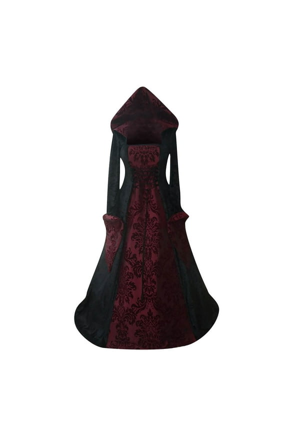 Wedding Guest Dress, Women'S Retro Gothic Long Sleeve Tie Vintage Graphic Hooded Big Flowy Court Party Dresses Goth Cocktail With Sleeves Bandage Dress For Dresses Casual (3XL, Red) ZMTing