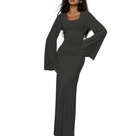Wedding Guest Dress for Women Long Sleeve Bodycon Ribbed Knit Maxi Dress Fall Formal Dresses Dark Gray M