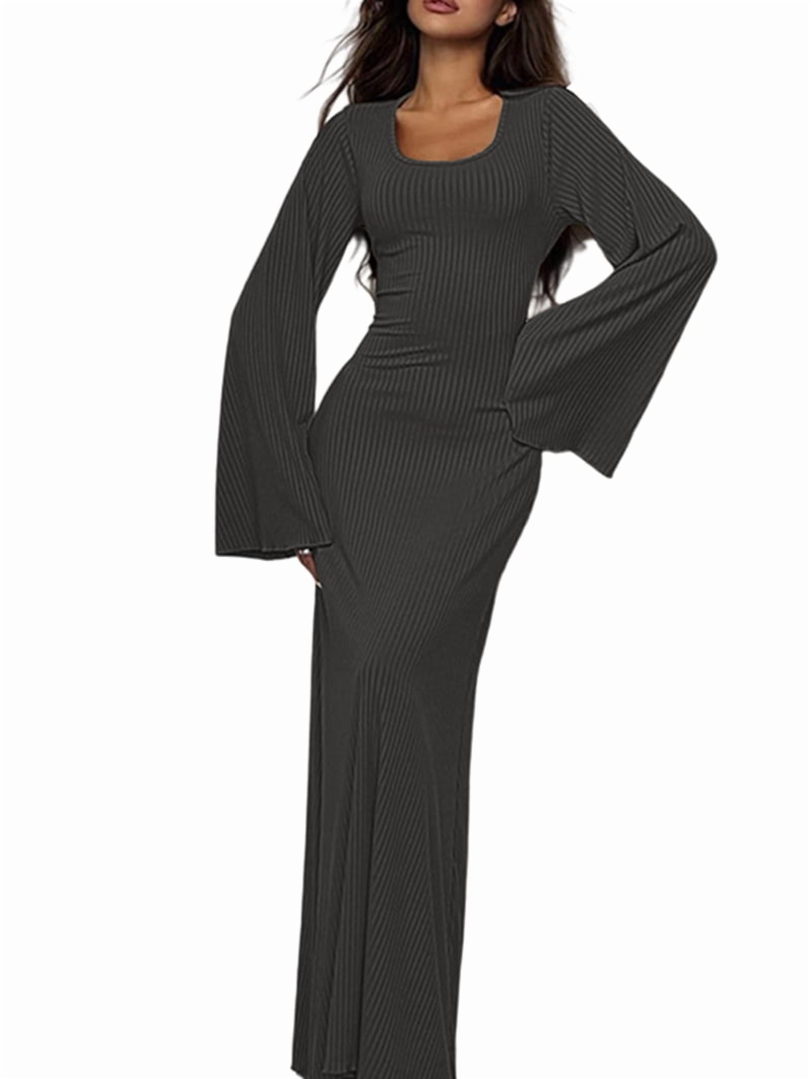 Wedding Guest Dress for Women Long Sleeve Bodycon Ribbed Knit Maxi Dress  Fall Formal Dresses Dark Gray S - Walmart.com