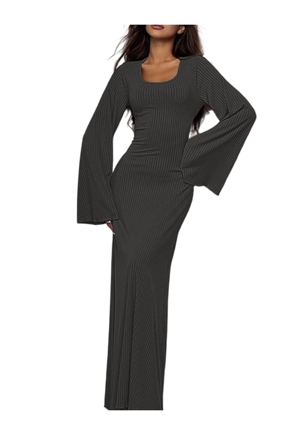 Wedding Guest Dress for Women Long Sleeve Bodycon Ribbed Knit Maxi Dress Fall Formal Dresses Dark Gray XL