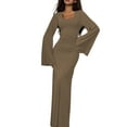 thumbnail image 1 of Wedding Guest Dress for Women Long Sleeve Bodycon Ribbed Knit Maxi Dress Fall Formal Dresses Khaki S, 1 of 9