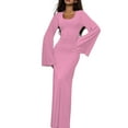 thumbnail image 1 of Wedding Guest Dress for Women Long Sleeve Bodycon Ribbed Knit Maxi Dress Fall Formal Dresses Pink XL, 1 of 9