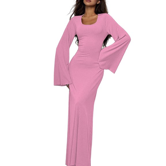 Wedding Guest Dress for Women Long Sleeve Bodycon Ribbed Knit Maxi Dress Fall Formal Dresses Pink XL