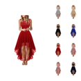 thumbnail image 1 of Wedding Guest Dress for Women Sleeveless Crewneck Lace Contrast Chiffon High Low A Line Ruffle Flowy Maxi Dress Evening Gown, 1 of 6