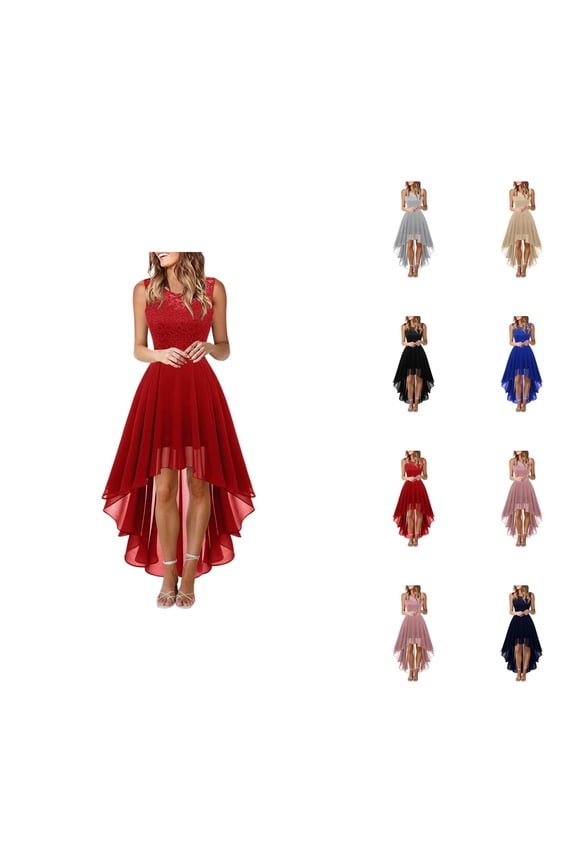 Wedding Guest Dress for Women Sleeveless Crewneck Lace Contrast Chiffon High Low A Line Ruffle Flowy Maxi Dress Evening Gown