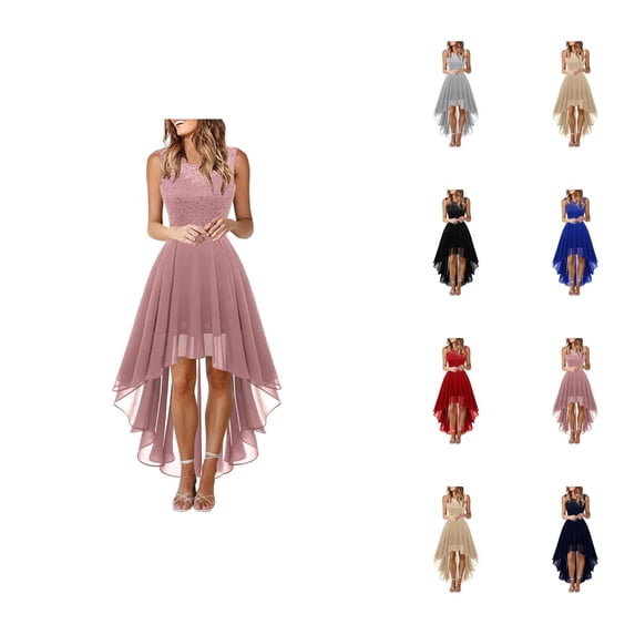 Wedding Guest Dress for Women Sleeveless Crewneck Lace Contrast Chiffon High Low A Line Ruffle Flowy Maxi Dress Evening Gown