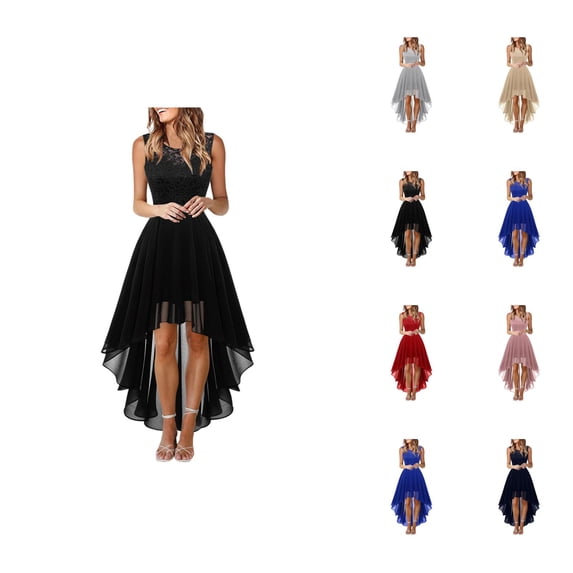 Wedding Guest Dress for Women Sleeveless Crewneck Lace Contrast Chiffon High Low A Line Ruffle Flowy Maxi Dress Evening Gown
