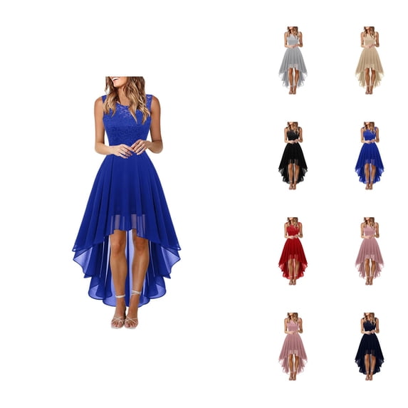 Wedding Guest Dress for Women Sleeveless Crewneck Lace Contrast Chiffon High Low A Line Ruffle Flowy Maxi Dress Evening Gown