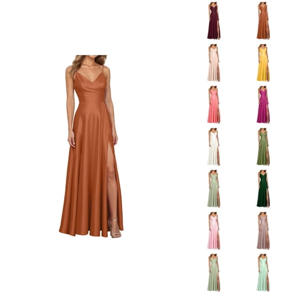 Wedding Guest Dress for Women Sleeveless Spaghetti Strap V Neck Slit Maxi Dresses Formal Prom Evening Gowns