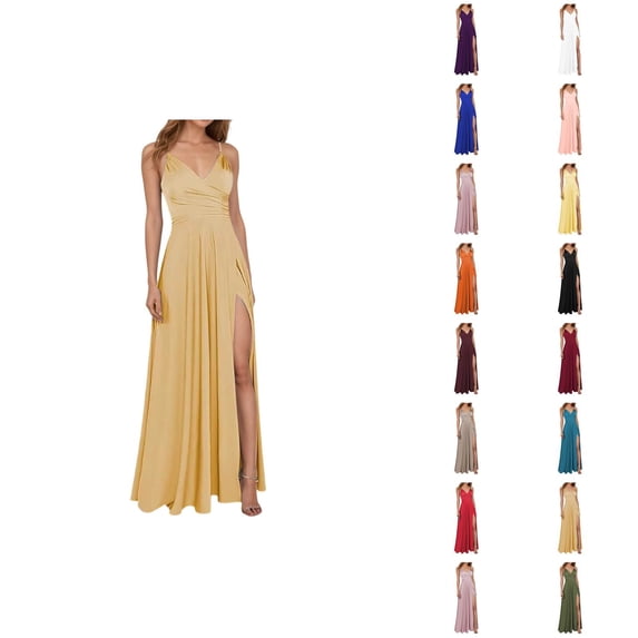 Wedding Guest Dress for Women with High Slit Sleeveless Spaghetti Strap V Neck Flowy Maxi Dresses Formal Prom Evening Gowns