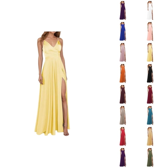Wedding Guest Dress for Women with High Slit Sleeveless Spaghetti Strap V Neck Flowy Maxi Dresses Formal Prom Evening Gowns