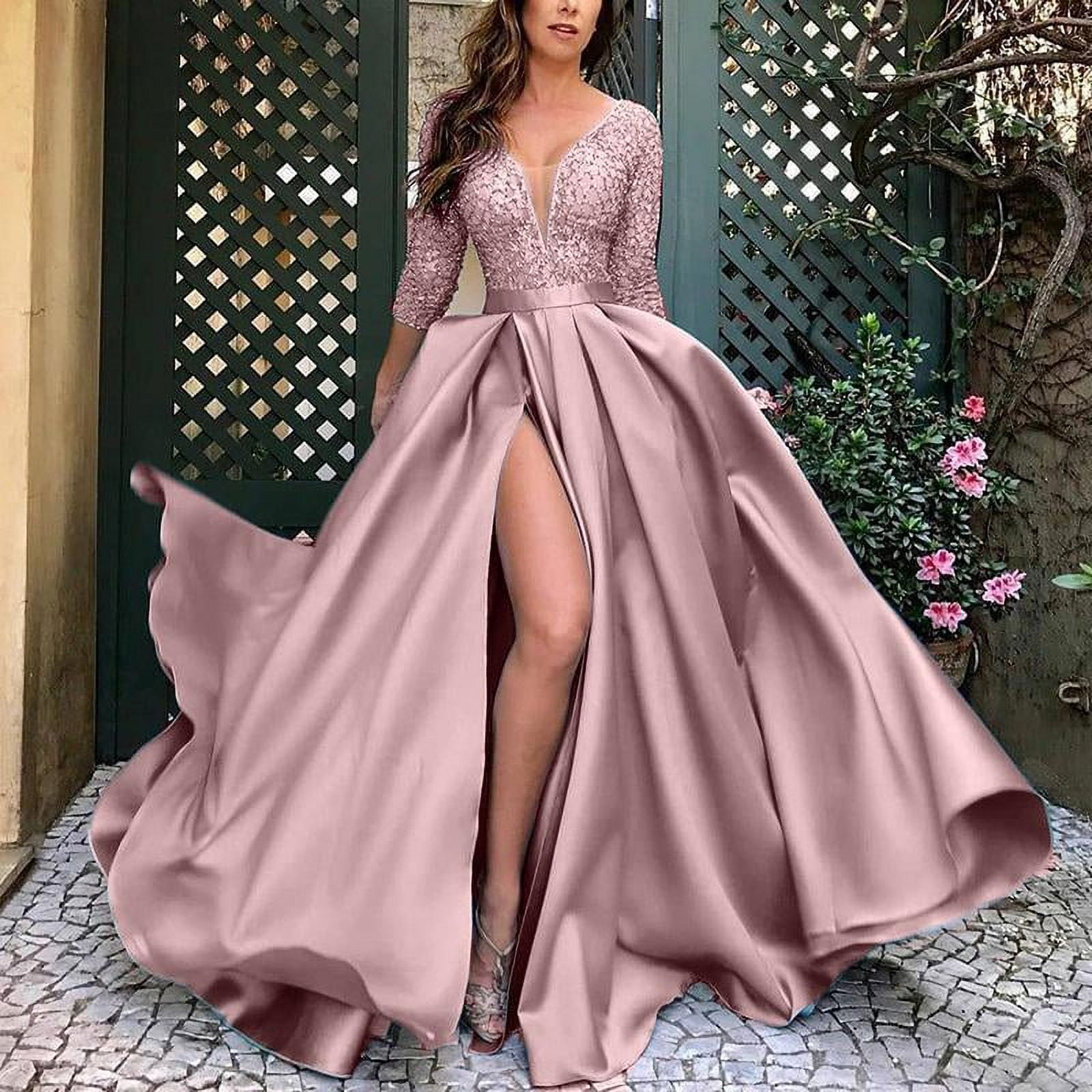 Amazon.com: Elegant Maxi Dress Wedding Guest Dresses for Women White Dress  Sexy Split Party Dress V-Neck Mopping Long Formal Dress : Clothing, Shoes &  Jewelry