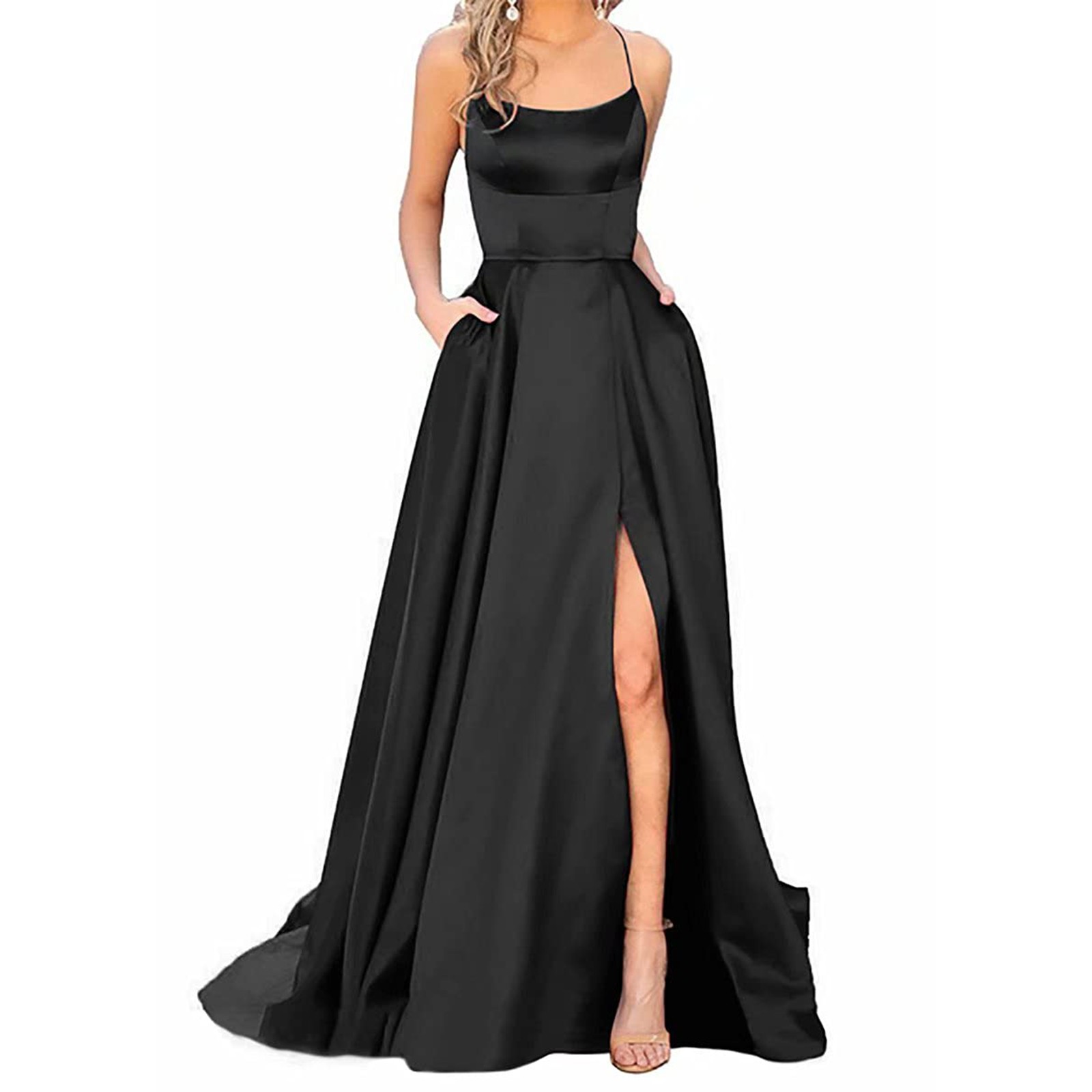 Wedding Guest Dresses For Women Prom Ladies Long Elegant Halter Backless DressesCrisn Satin Spaghetti Party Dress Side Slit Evening With Pockets Black Walmart