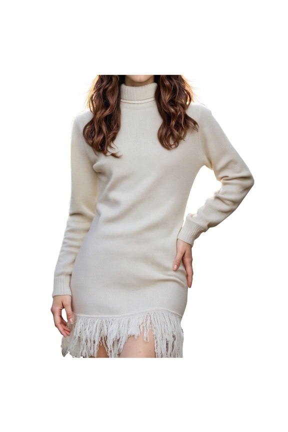 Wedding Guest Dresses For Women Sevevn Women's High Neck Long Sleeve Fringe Hem Dress Casual Dresses