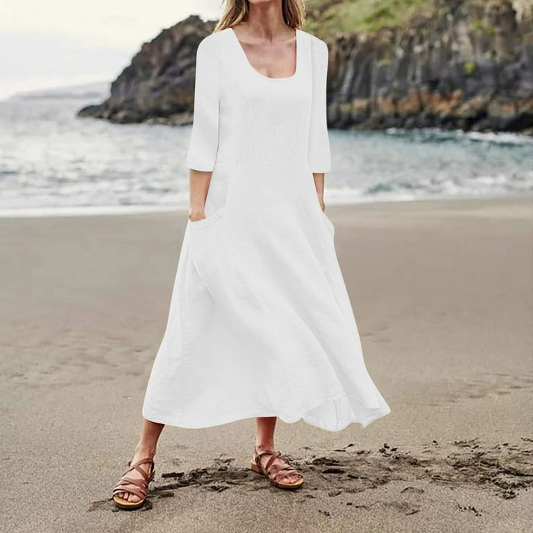 Wedding Guest Dresses For Women Summer Casual Womens 3 Of 4 Sleeve Crew Neck Loose Boho Dress With Pockets Solid Color Sundress White Walmart