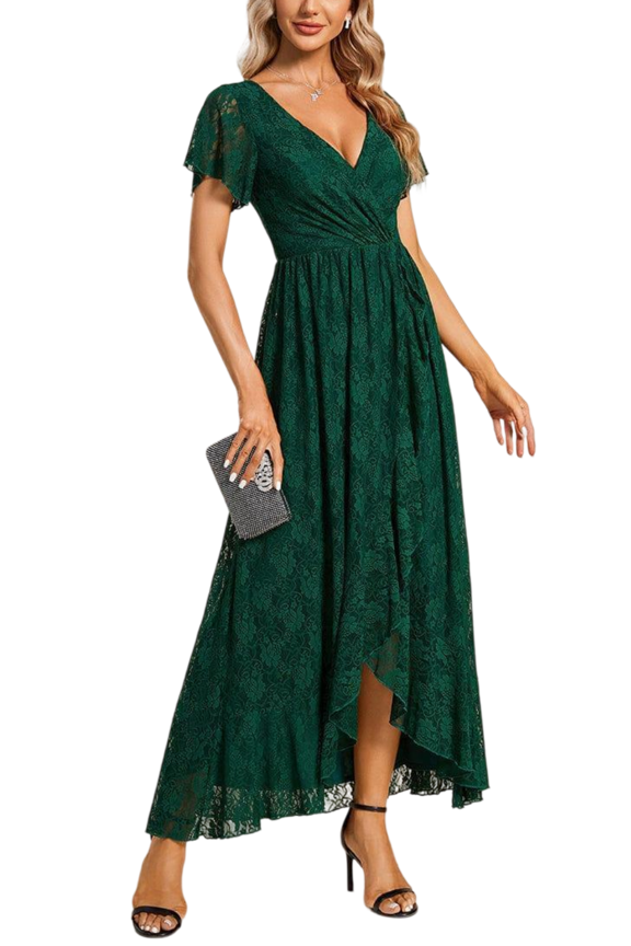 Wedding Guest Dresses For Women V Neck Ruffles Sleeves Lace Summer Mother Of The Bride Maxi Dresses Semi Formal Dress Graduation Dress