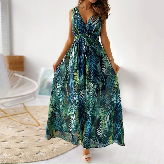 Wedding Guest Dresses For Women Women's Summer Fashion New Floral Print Halter Strap Long Dress Banquet Wedding