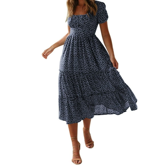 Wedding Guest Dresses For Women's Summer Dress Flare Sleeve Dress Floral Print Casual Flowy Midi Dress Blue