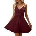 thumbnail image 1 of Wedding Guest Dresses For Women, 2025 Casual V Neck Pleated Wrap Dress With Ruffle Spaghetti Straps Elegant Summer Boho Floral Party Cocktail Easter Prom Mother'S Cocktail (L, Wine) ZMTing, 1 of 2