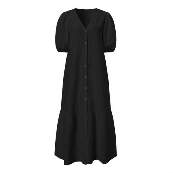 Wedding Guest Dresses For Women, 2025 Elegant V Neck Button Down Casual Dress Pleated Linen Flowy Easter Church Cocktail Party Daily Wear Spring Summer Boho Dresses (S, Black) ZMTing