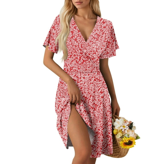 Wedding Guest Dresses For Women, 2025 Summer Elegant Short Sleeveless Floral Dress Deep V Neck Casual Beach Maxi Dress Easter Cocktail Party Boho Style Vacation Dress (M, Watermelon Red) ZMTing