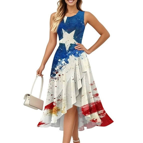 Wedding Guest Dresses For Women, 4Th Of July Dress Casual Cotton Sleeveless Round Neck American Flag Ruffle Flowy Long Tank Mens Sweaters Dressy Sleeve Black Dresses Casual (L, Beige) ZMTing