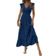 thumbnail image 1 of Wedding Guest Dresses For Women, Casual High Waisted V Neck A Line Ruffle Sleeve Loose Maxi Sundress With Pockets Beach Vacation Burgundy Bridesmaid Women Dresses Cocktail (XL, Dark Blue) ZMTing, 1 of 5