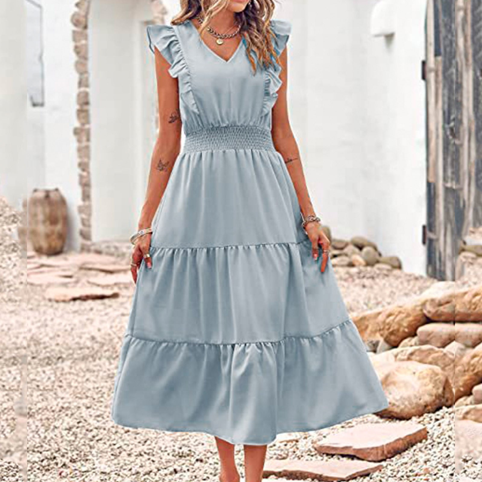 Womens Summer Dresses Sleeveless V Neck Ruffle Mini Dress