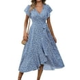 thumbnail image 1 of Wedding Guest Dresses For Women, Floral Chiffon Short Sleeve Ruffle V Neck Tie Tunic Flowy Maxi Beach Dress Shirts Denim Church Dresses Women Bridesmaid Elegant Dresses Outfits (M, Blue) ZMTing, 1 of 5