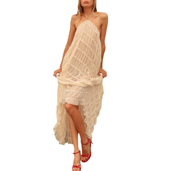 Wedding Guest Dresses For Women, Halter Smocked Lightweight Sexy Lace Beach Vacation Flowy Maxi Medieval Dress Women Clothes Dresses 2025 1950S Dresses Modest Dresses Shirt (M, Khaki) ZMTing
