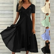 DEHOLIFER Wedding Guest Dresses for Women Petite,Ladies Lace Chiffon Dresses Clearance Sexy V Neck Short Sleeve Prom Dresses Elegant Knee Length Midi Dress Evening Party Special Occasions Dresses