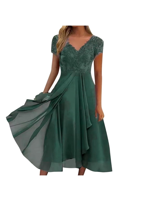 Wedding Guest Dresses for Women Petite,Ladies Lace Chiffon Dresses Sexy V Neck Short Sleeve Prom Dresses Elegant Knee Length Midi Dress Evening Party Special Occasions Dresses