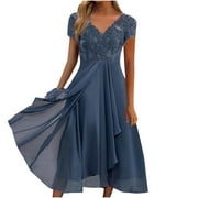 Wedding Guest Dresses for Women Petite,Ladies Lace Chiffon Dresses Sexy V Neck Short Sleeve Prom Dresses Elegant Knee Length Midi Dress Evening Party Special Occasions Dresses
