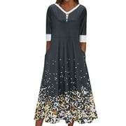 LILIY Wedding Guest Dresses for Women Plus-Size Dress Printed Round Neck Pockets Womens Long Sundresses Maxi Dresses for Women 2024 Modest Dresse Women Gold S 2