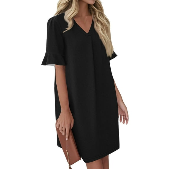 Wedding Guest Dresses For Women, Shift V Neck Short Sleeves Solid Color Casual Flowy Summer Dresses Long Sleeve Velvet Women Bridesmaid Dresses Casual Beach Dresses Maxi (L, Black) ZMTing