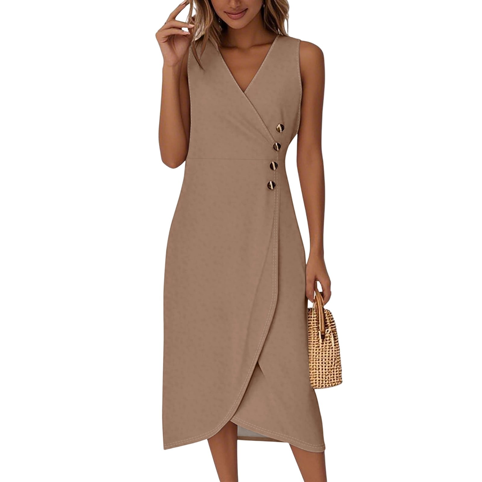 SMALAKAM Plus Size Brown Wedding Guest Dress - V Neck Short Sleeve Chiffon Bridesmaid Dress, Size 22