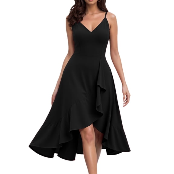 Wedding Guest Dresses for Women, Women's Casual Dress Sleeveless Flowy a Line Party Everyday Basic Solid Mini Dress with Spaghetti Straps and Ruffled Hem Black M Polyester Material