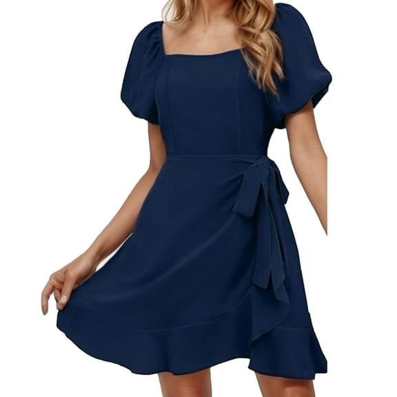 Wedding Guest Dresses for Women, Women's Casual Dress Square Neck Short Sleeve Flounce Hem Everyday Summer Dress Basic Solid Color Outfit for Spring and Travel Blue M Polyester Material