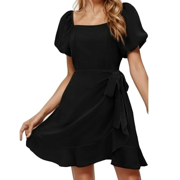 Wedding Guest Dresses for Women, Women's Casual Dress Square Neck Short Sleeve Flounce Hem Everyday Summer Dress Basic Solid Color Outfit for Spring and Travel Black S Polyester Material