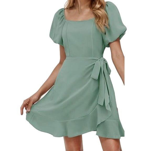 Wedding Guest Dresses for Women, Women's Casual Dress Square Neck Short Sleeve Flounce Hem Everyday Summer Dress Basic Solid Color Outfit for Spring and Travel Green S Polyester Material