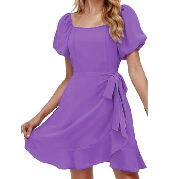 Wedding Guest Dresses for Women, Women's Casual Dress Square Neck Short Sleeve Flounce Hem Everyday Summer Dress Basic Solid Color Outfit for Spring and Travel Purple S Polyester Material