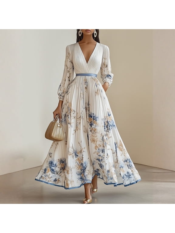 Wedding Guest Dresses for Women Boho Floral Chiffon Maxi Dress with Pockets V Neck Long Sleeve Pleated Waist White M